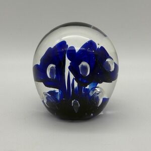 Maude Bob St Clair Art Glass Paperweight 1984 Blue Floral Controlled Bubble 3in